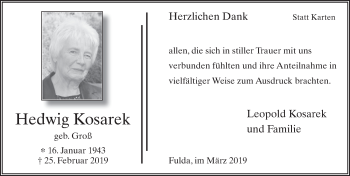 Traueranzeige von Hedwig Kosarek von FZ