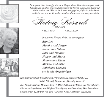 Traueranzeige von Hedwig Kosarek von FZ