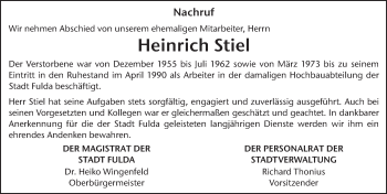 Traueranzeige von Heinrich Stiel 