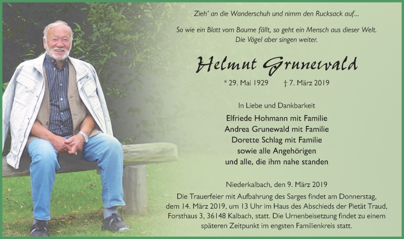  Traueranzeige für Helmut Grunewald vom 09.03.2019 aus FZ