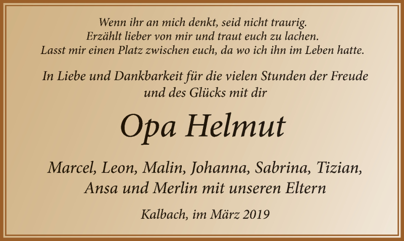  Traueranzeige für Helmut Grunewald vom 09.03.2019 aus FZ