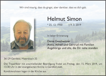 Traueranzeige von Helmut Simon von FZ
