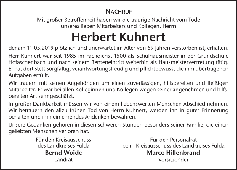  Traueranzeige für Herbert Kuhnert vom 20.03.2019 aus FZ