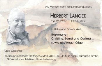 Traueranzeige von Herbert Langer von FZ