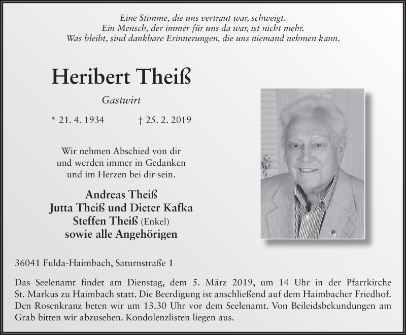  Traueranzeige für Heribert Theiß vom 01.03.2019 aus 