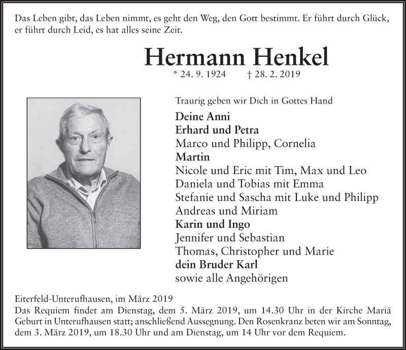  Traueranzeige für Hermann Henkel vom 02.03.2019 aus FZ