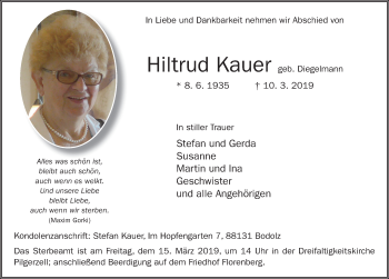 Traueranzeige von Hiltrud Kauer von FZ