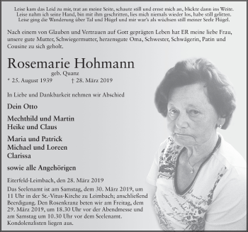 Traueranzeige von Hohmann Rosemarie von FZ