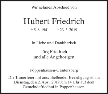 Traueranzeige von Hubert Friedrich von FZ