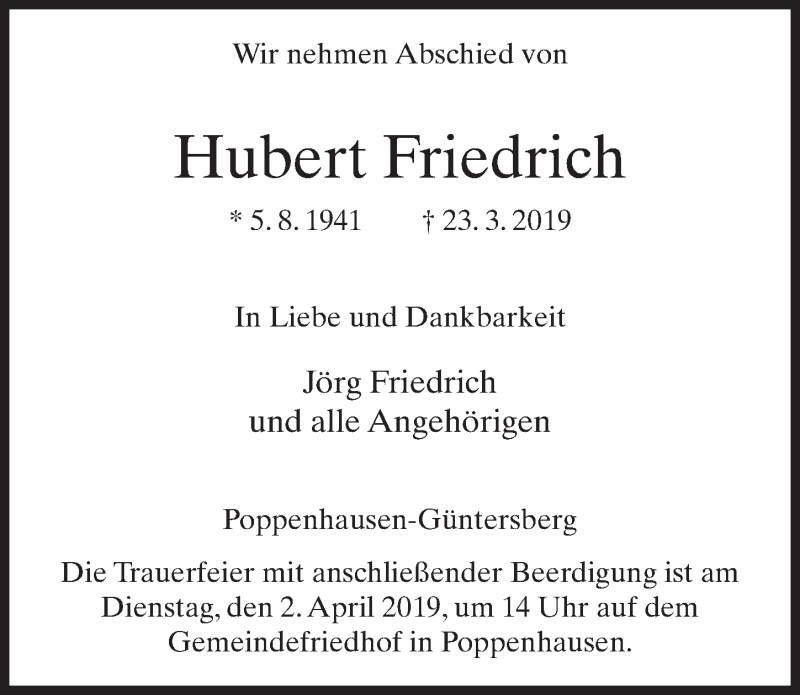  Traueranzeige für Hubert Friedrich vom 29.03.2019 aus FZ