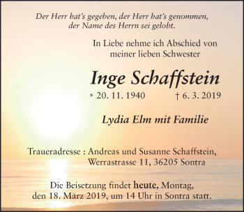 Traueranzeige von Inge Schaffstein von FZ