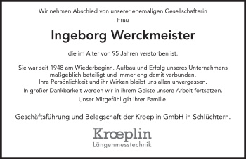 Traueranzeige von Ingeborg Werckmeister 
