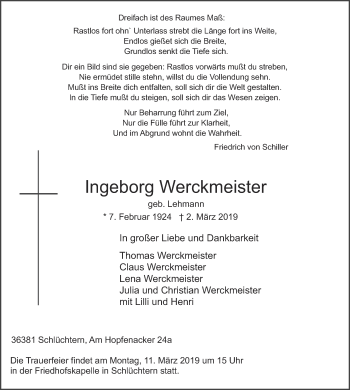 Traueranzeige von Ingeborg Werckmeister von FZ