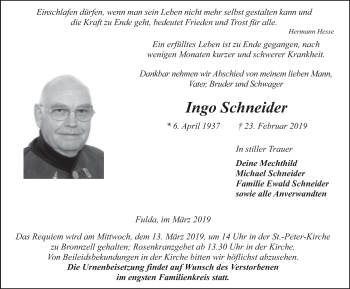 Traueranzeige von Ingo Schneider 