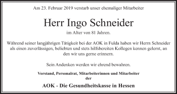 Traueranzeige von Ingo Schneider von FZ