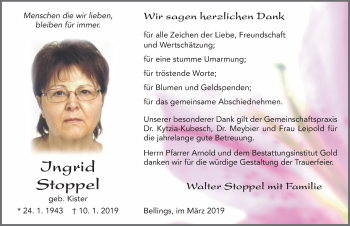 Traueranzeige von Ingrid Stoppel von FZ