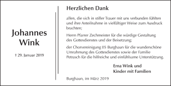 Traueranzeige von Johannes Wink 