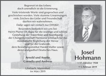 Traueranzeige von Josef Hohmann von FZ