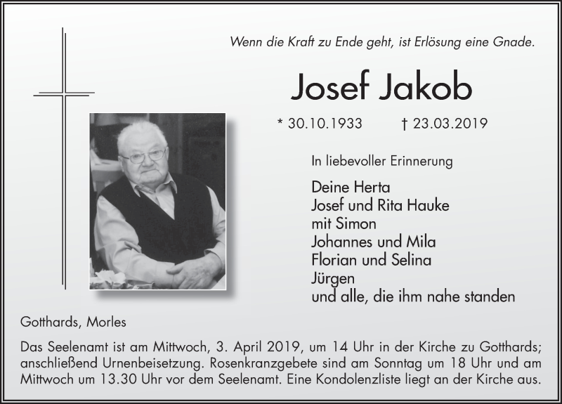  Traueranzeige für Josef Jakob vom 29.03.2019 aus FZ