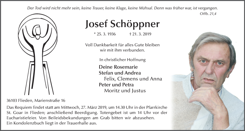  Traueranzeige für Josef Schöppner vom 25.03.2019 aus FZ