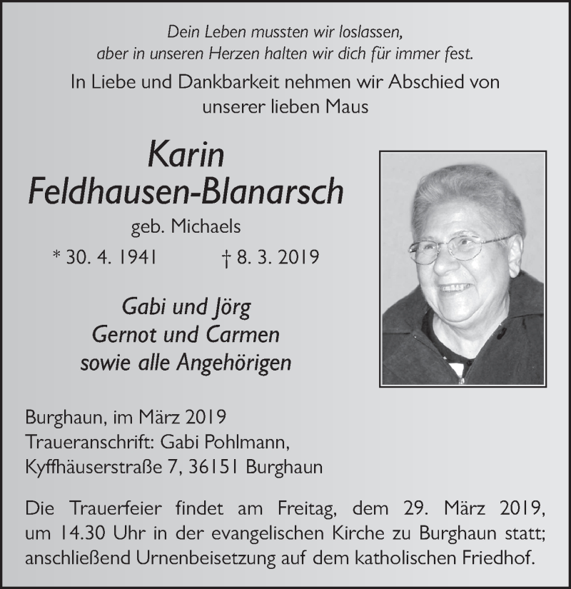  Traueranzeige für Karin Feldhausen-Blanarsch vom 25.03.2019 aus FZ