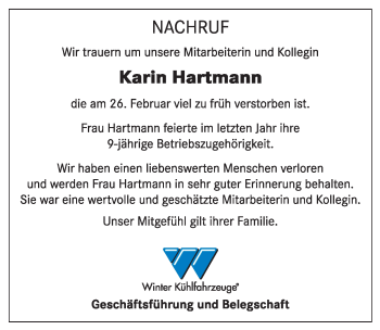 Traueranzeige von Karin Hartmann von FZ