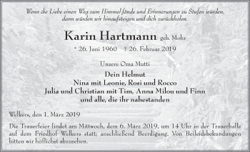 Traueranzeige von Karin Hartmann 