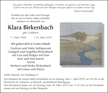 Traueranzeige von Klara Birkenbach von FZ
