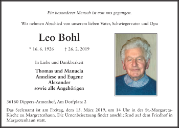 Traueranzeige von Leo Bohl von FZ