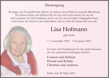 Traueranzeige von Lisa Hofmann von FZ