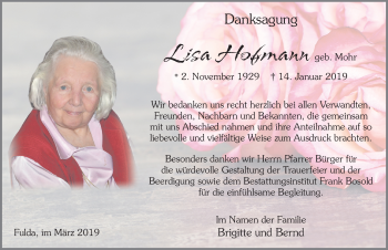 Traueranzeige von Lisa Hofmann von FZ