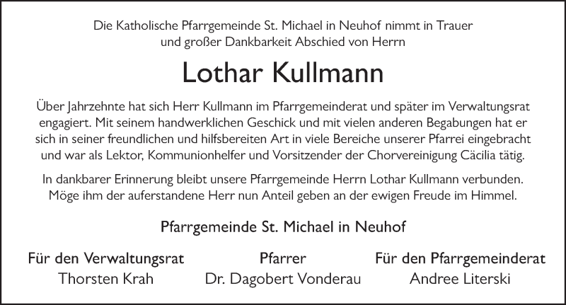  Traueranzeige für Lothar Kullmann vom 21.03.2019 aus FZ