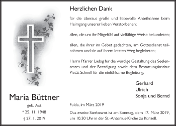 Traueranzeige von Maria Büttner von FZ
