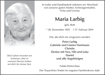 Traueranzeige von Maria Larbig von FZ