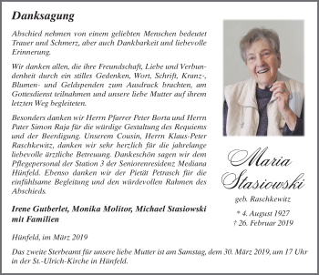 Traueranzeige von Maria Stasiowski von FZ