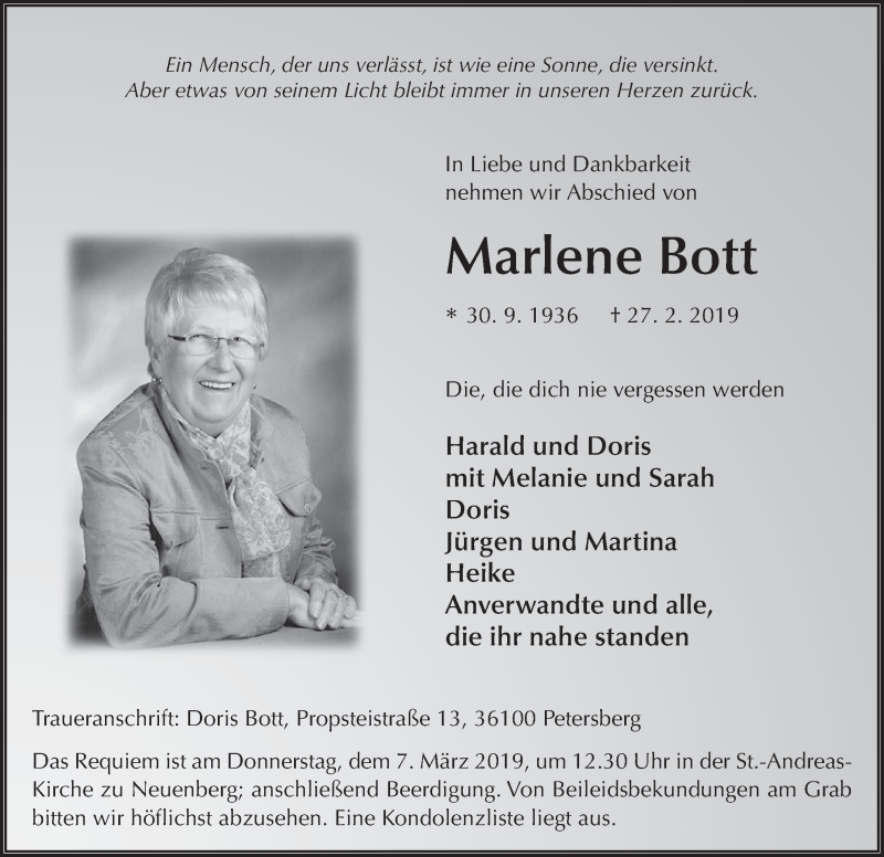  Traueranzeige für Marlene Bott vom 02.03.2019 aus FZ