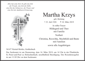 Traueranzeige von Martha Krzys von FZ