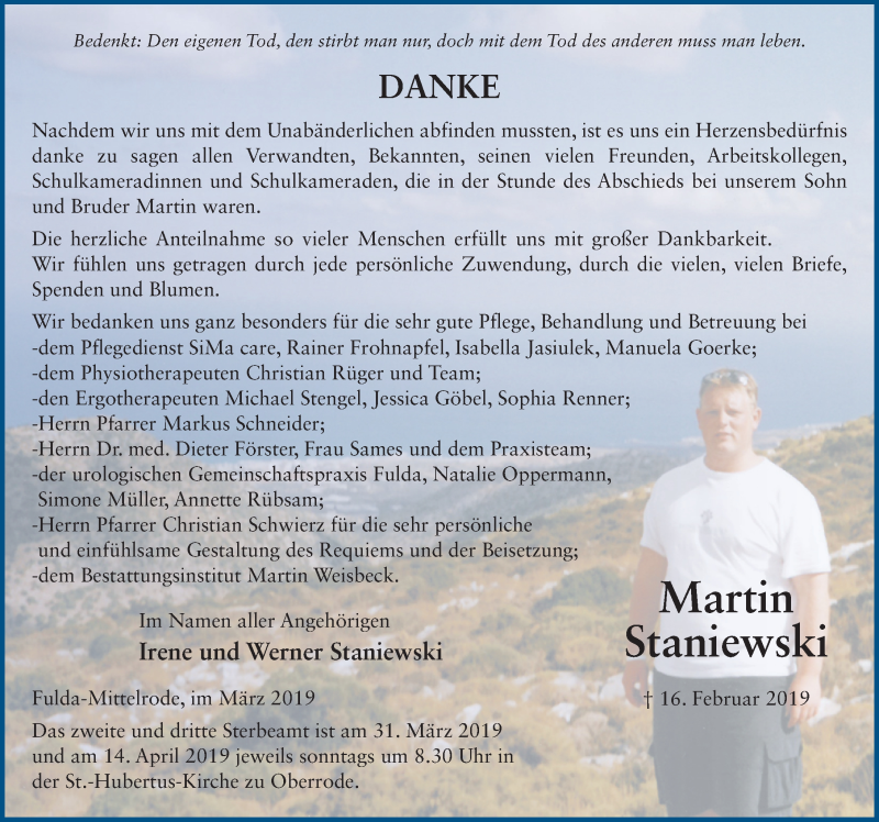  Traueranzeige für Martin Staniewski vom 25.03.2019 aus FZ