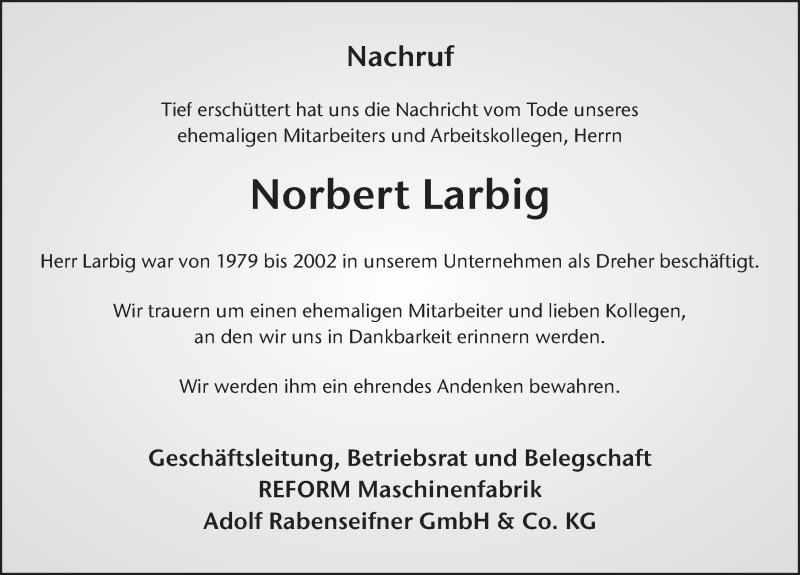  Traueranzeige für Norbert Larbig vom 26.03.2019 aus FZ