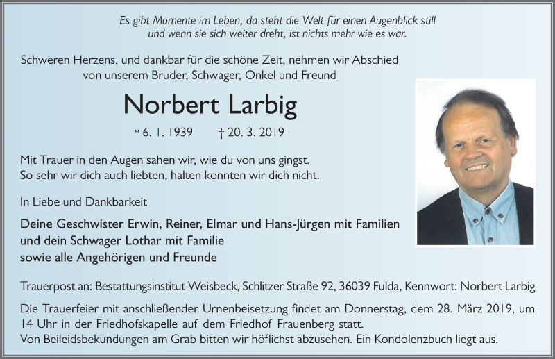  Traueranzeige für Norbert Larbig vom 25.03.2019 aus FZ