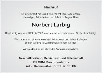Traueranzeige von Norbert Larbig von FZ
