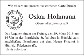 Traueranzeige von Oskar Hohmann von FZ