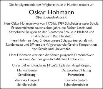 Traueranzeige von Oskar Hohmann von FZ