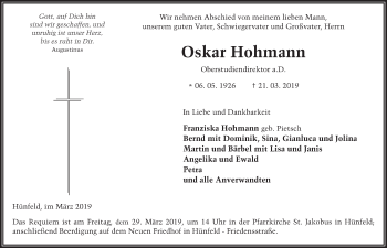 Traueranzeige von Oskar Hohmann von FZ