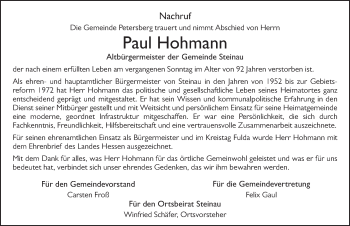 Traueranzeige von Paul Hohmann von FZ