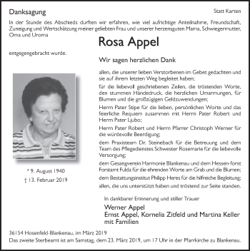 Traueranzeige von Rosa Appel von FZ