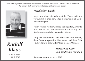 Traueranzeige von Rudolf Klaus von FZ