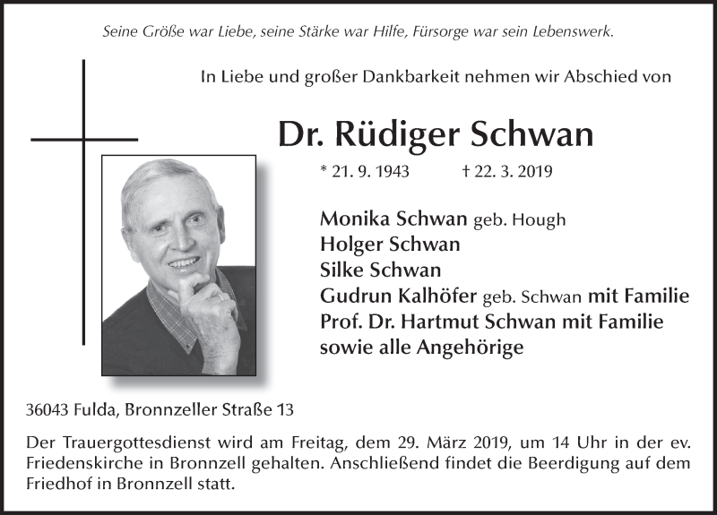  Traueranzeige für Rüdiger Schwan vom 26.03.2019 aus FZ