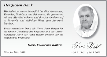 Traueranzeige von Toni Bohl 
