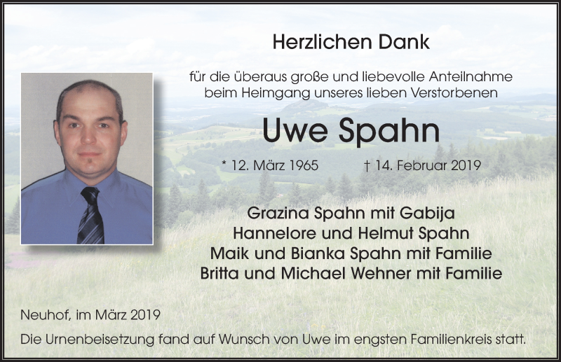  Traueranzeige für Uwe Spahn vom 11.03.2019 aus FZ